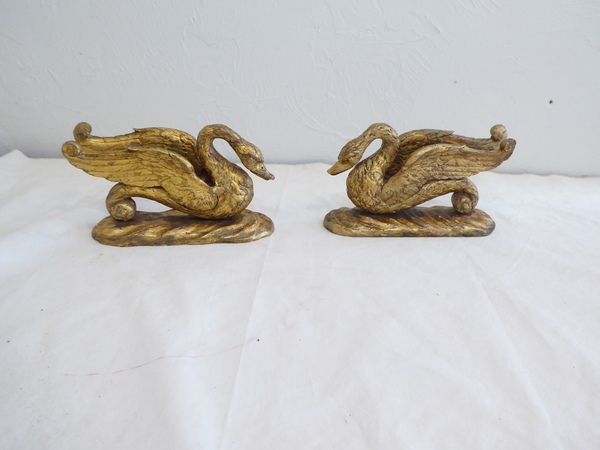 Pair Antique Carved Giltwood Swans